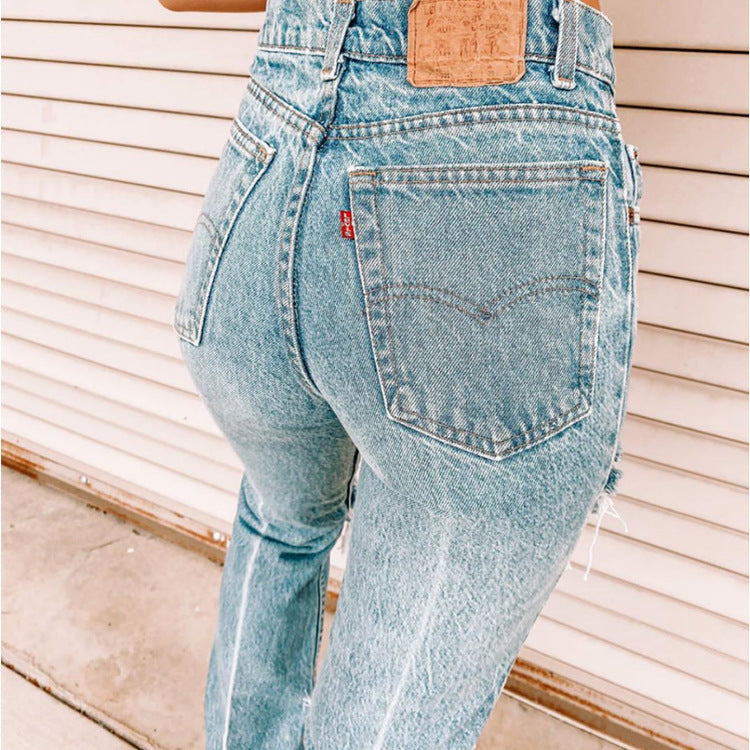 Ladies Denim Pants with Ripped Holes Women's Pants