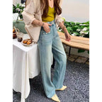 Ripped Narrow Version Wide-leg Loose Drape Mopping Pants Hot Girl High Waist Women's Straight Denim Trousers