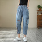 Ladies Vintage High Waist Casual Loose Printed Jeans