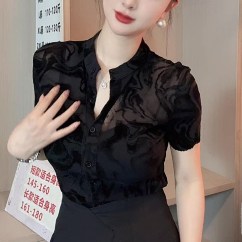 New Summer Black Mesh Short Sleeve Shirt For Women