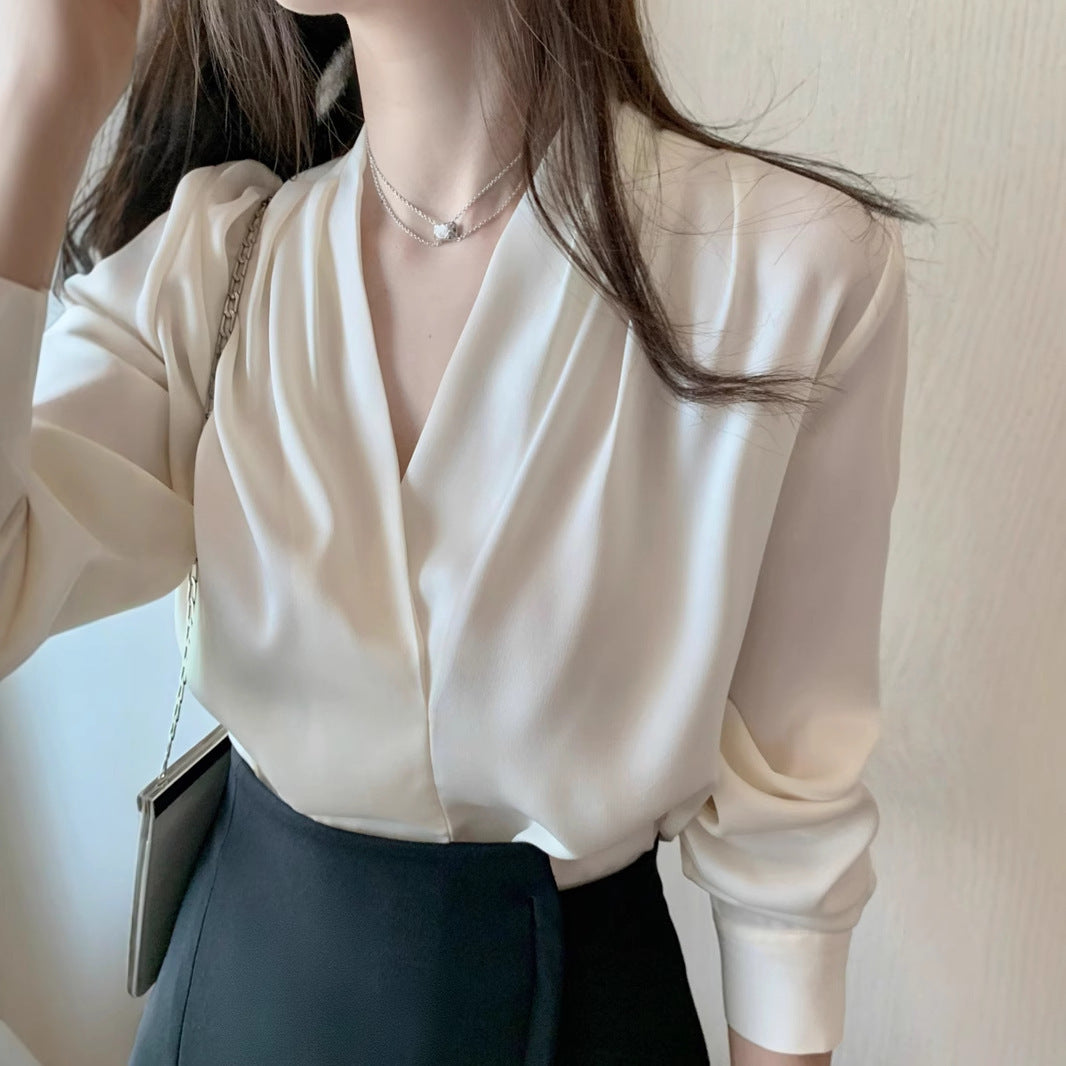 5 Spring And Autumn V-neck White Shirt Women's Long Sleeve