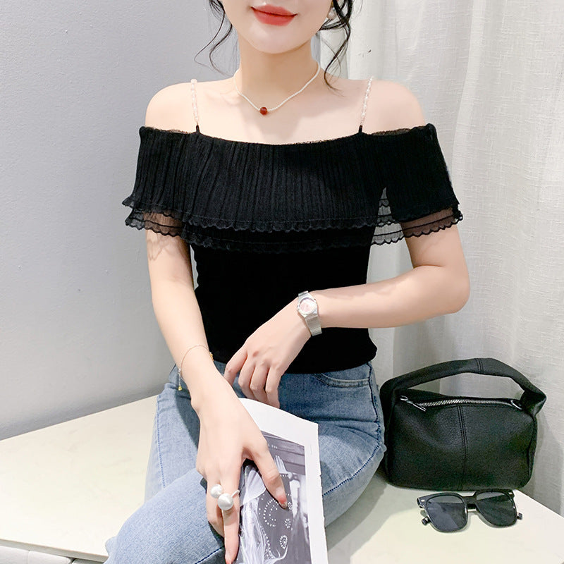 Pleated Lace Stitching Off-neck Sweet Short Sleeve