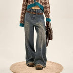 Thin Gradient Vintage Jeans Women Loose Wide-leg Straight Pants