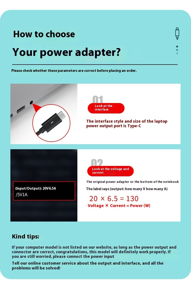 130W Laptop Charger Type-c Interface 20V6.5A Power Adapter Fast Charging