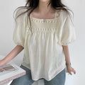 Niche Elegant Square Collar Hollow Crocheted Loose All-match See-through Puff Sleeve Shirt