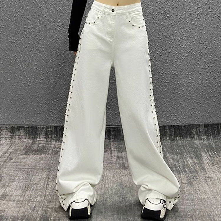 American-style Plus Size Handsome Beaded White Jeans