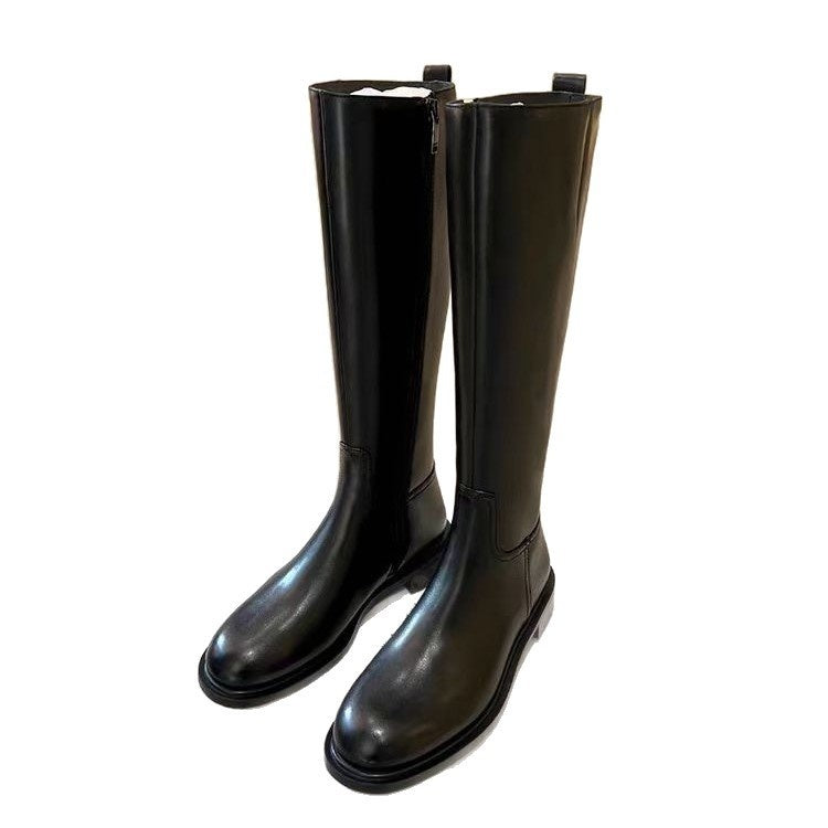 Round Toe Side Zipper Fleece-lined Long Biker Boots Women's Autumn And Winter